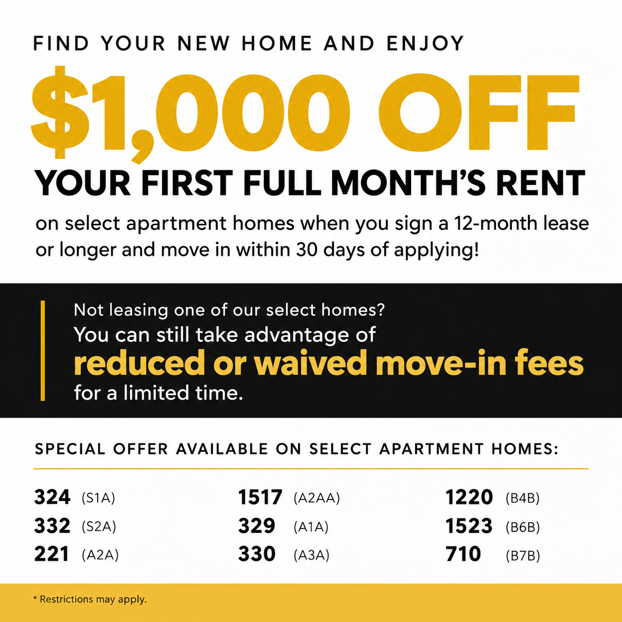 $1,000 off your first full month's rent on select apartment homes